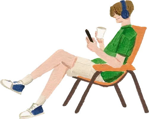 Illustration of a person sitting in a chair with a phone and a cup of coffee